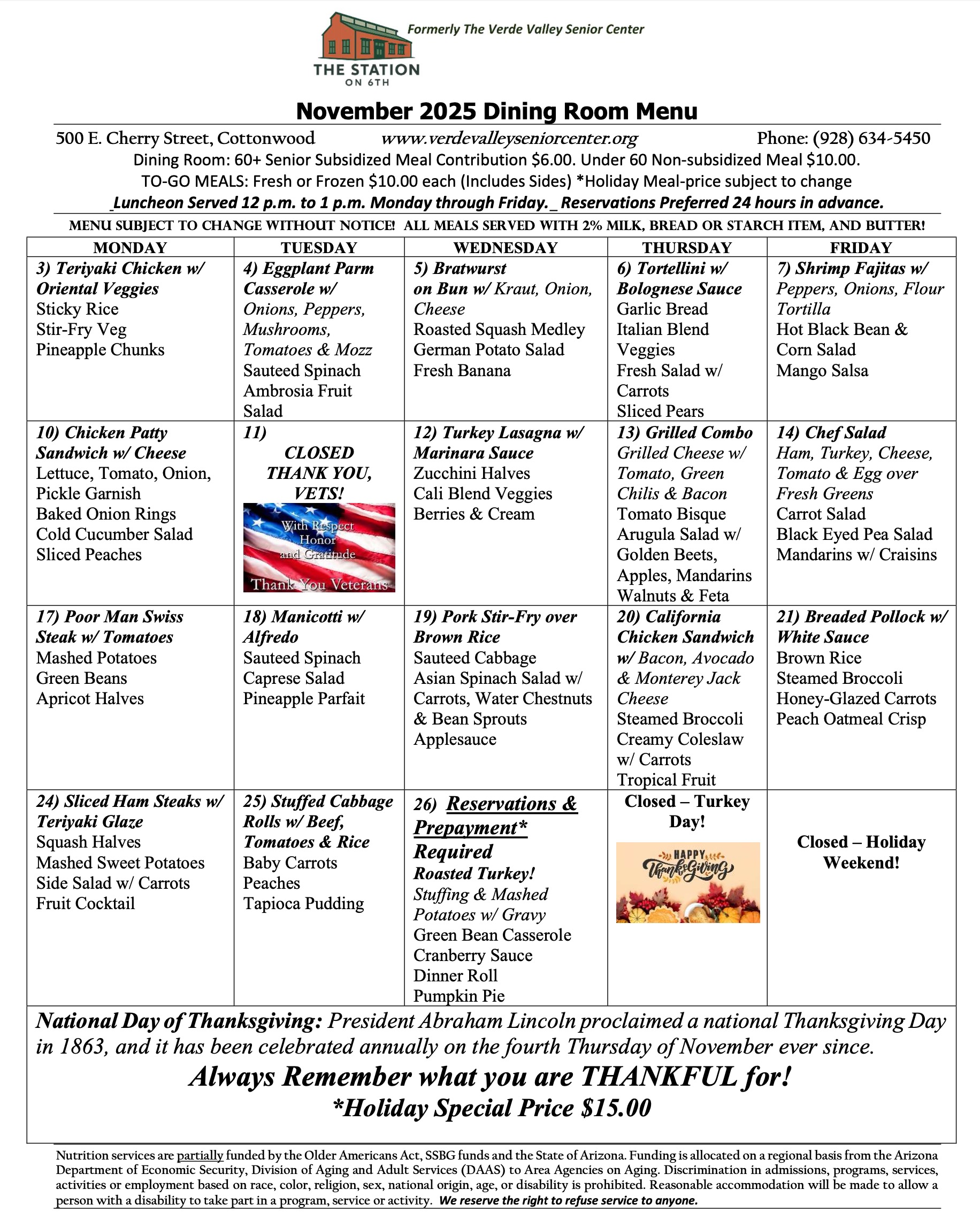 November 2025 menu